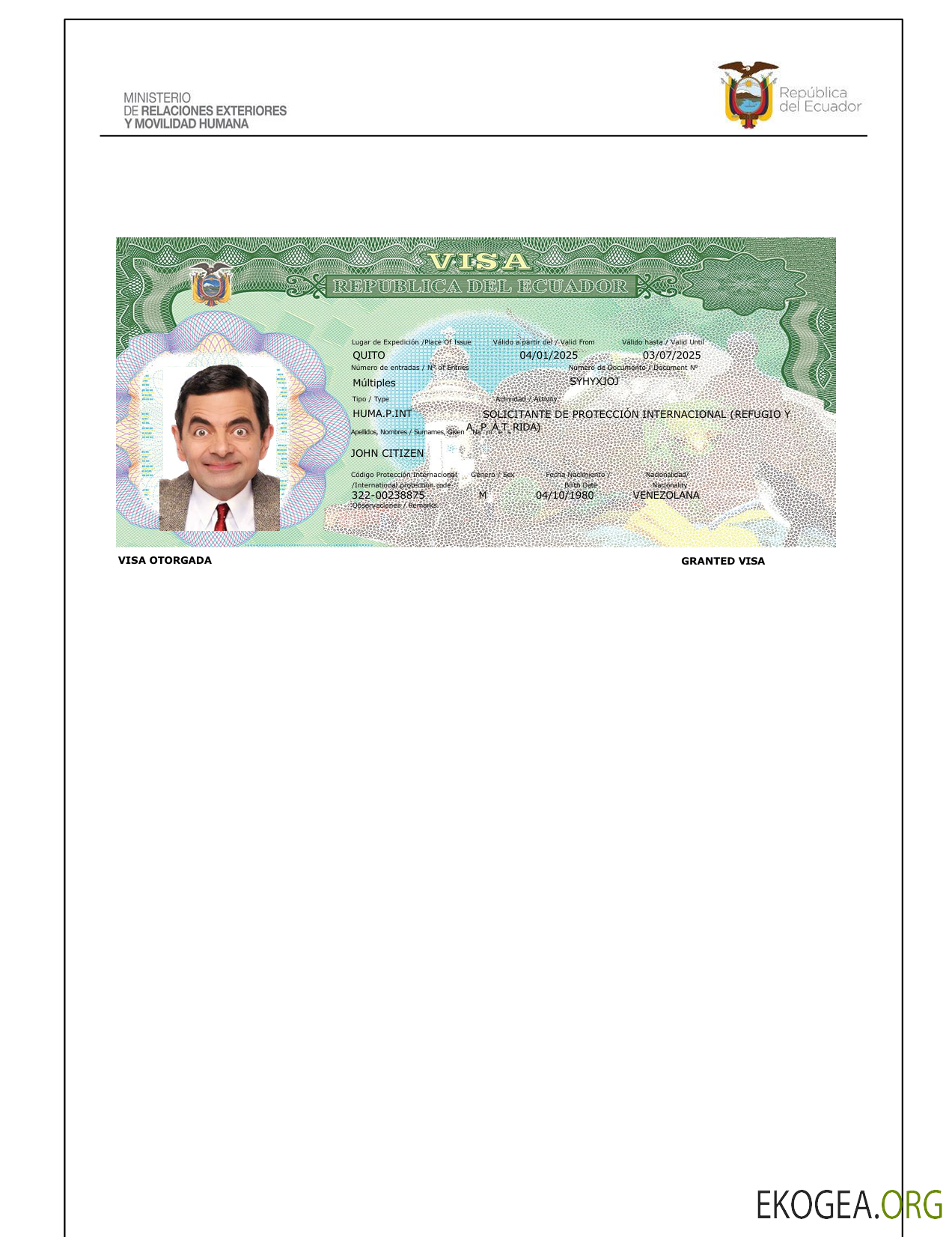 Modèle de visa de voyage pour l'Équateur aux formats Word et PDF, version 3